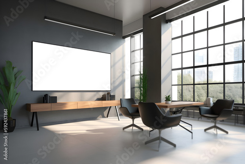 Realistic 3d side view of presentation screen in modern office environment  Modern interior with wide LED screen mockup  generative ai 