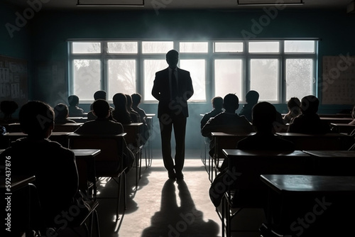 A silhouette of a teacher standing in front of a classroom, Teacher's Day Generative AI