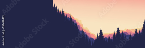 scenic nature mountain sunset landscape forest tree silhouette view vector illustration good for web banner, ads banner, tourism banner, wallpaper, background template, and adventure design backdrop