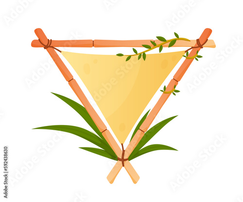Bamboo banner frame concept. Exotical signboard and guidepost in triangle shape with palm leaves. UI and UX design. Wooden sign made of bamboo sticks. Cartoon flat vector illustration