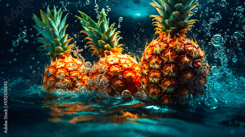 Colorful Pineapples are being splashed in water