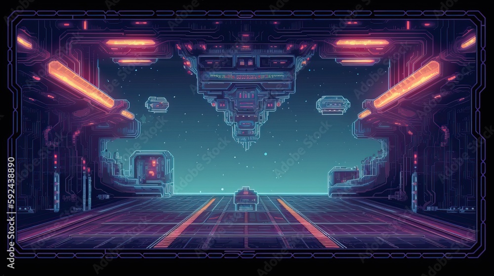 Space ship, Retro computer games level. Pixel art video game scene 8 ...