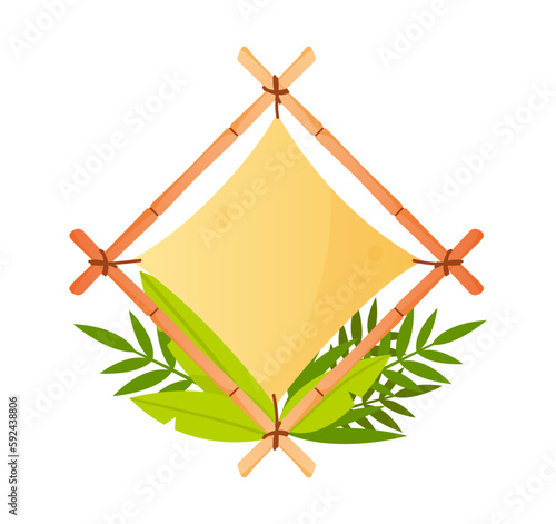 Bamboo banner frame concept. Exotical signboard in rhombus shape with leaves. Template, layout and mock up. Natural decoration and border. Cartoon flat vector illustration