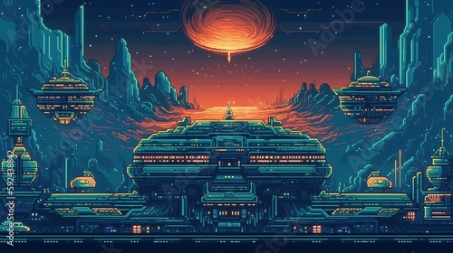 Fototapeta Naklejka Na Ścianę i Meble -  Space ship, Retro computer games level. Pixel art video game scene 8 bit. Generative AI