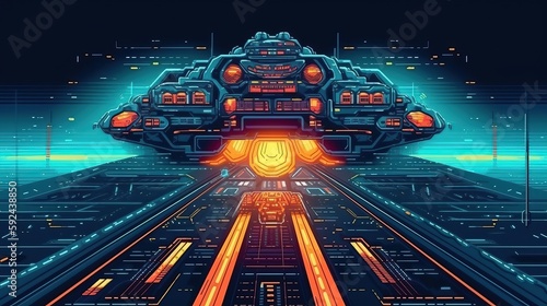 Fototapeta Naklejka Na Ścianę i Meble -  Space ship, Retro computer games level. Pixel art video game scene 8 bit. Generative AI