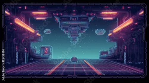 Space ship, Retro computer games level. Pixel art video game scene 8 bit. Generative AI