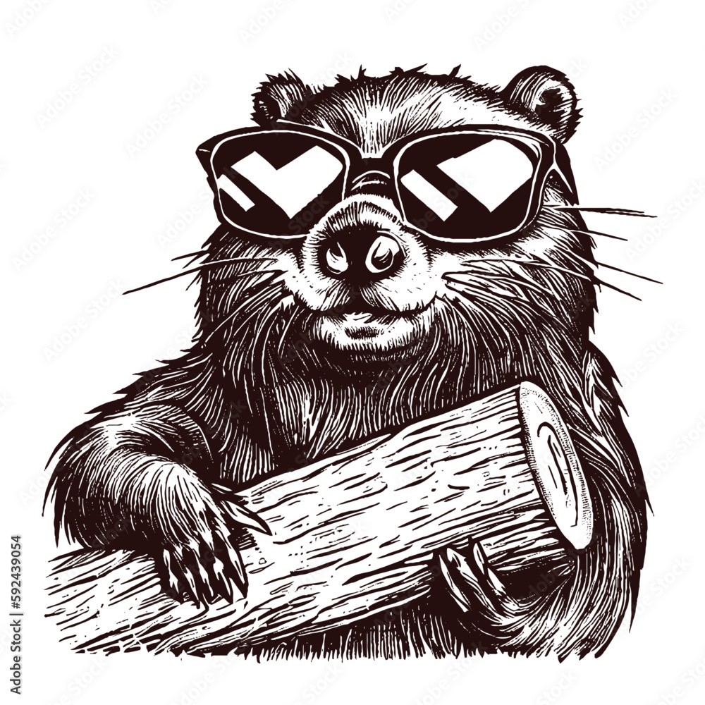cool beaver wearing glasses and holding a log illustration  - obrazy, fototapety, plakaty 