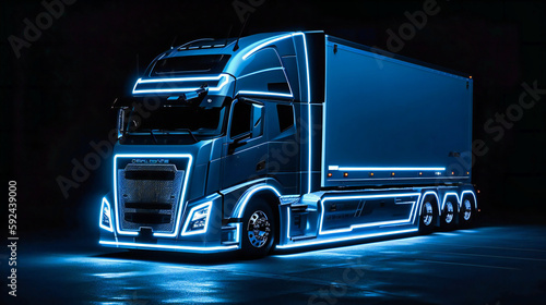 The high speed and luxurious white semi truck with blue lights