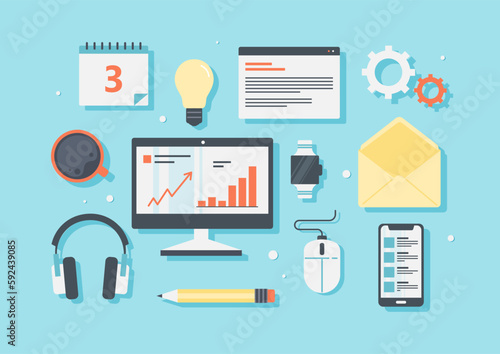 Office gadgets set. Computer monitor with mouse and headphones. Calendar and notepad, coffee mug and web browser page, envelope. Cartoon flat vector illustrations isolated on blue background