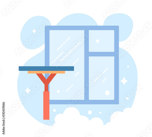 Disinfect things concept. Window scraper for cleaning glass with products. Household chores and cleaning company and service. Hygiene and cleanliness. Cartoon flat vector illustration