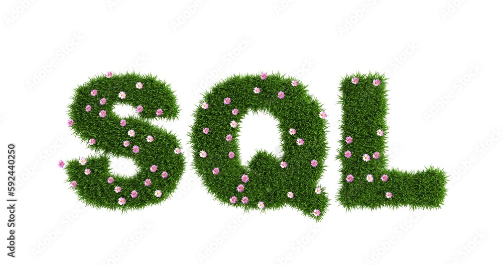 SQL sign made of green grass with flowers, the concept of increasing the database or the growth of knowledge in training, 3d rendering SQL sign made of green grass with flowers, the concept of increasing the database or the growth of knowledge in training, 3d rendering
