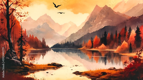 landscape watercolor painting of mountains and lake