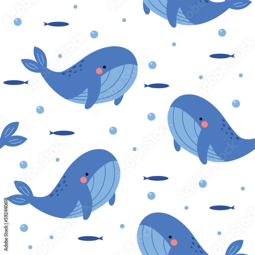 Vector hand drawn colorful childish seamless repeat simple flat pattern with whales and fishes on white background. Cute baby animals. Pattern for children with whales. Sea. Ocean.