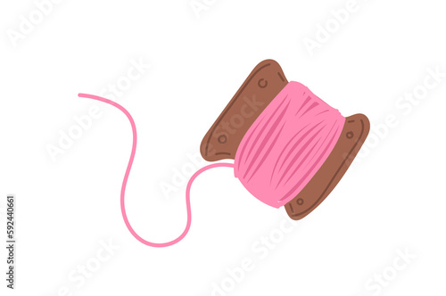 Pink thread concept. Inventory for production of clothing. Equipment for tailor, atelier and seamstress. Aesthetics and elegance. Poster or banner for website. Cartoon flat vector illustration