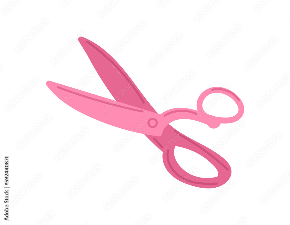 Pink scissors concept. Element for cutting paper and fabric. Atelier or seamstress inventory for production of clothing. Sticker for social networks and messengers. Cartoon flat vector illustration Pink scissors concept. Element for cutting paper and fabric. Atelier or seamstress inventory for production of clothing. Sticker for social networks and messengers. Cartoon flat vector illustration