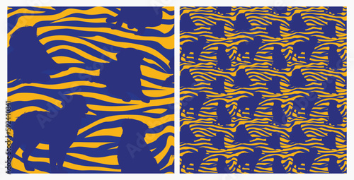 Dog silhouettes pattern fabric. Elegant, extravagant seamless background, abstract background with blue Bernese Mountain dog shapes. Present for Dog Lovers. Blue and yellow zebra. Birthday wrapping.