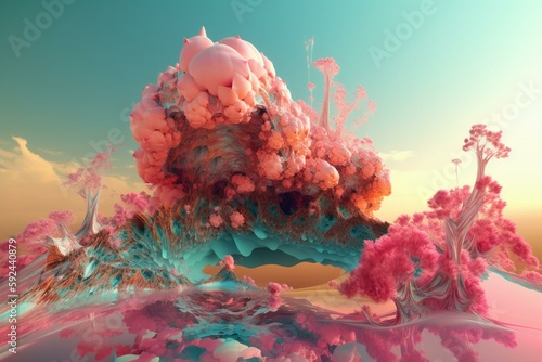 Fantasy landscape of another planet, big flower, Generative AI