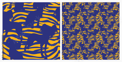 Dog silhouettes pattern fabric. Elegant, extravagant seamless background, abstract background with blue Chinese Crested dog shapes. Present for Dog Lovers. Green and yellow zebra. Birthday wrapping.