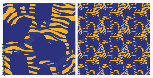 Dog silhouettes pattern fabric. Elegant, extravagant seamless background, abstract background with blue chow chow dog shapes. Present for Dog Lovers. Blue and yellow zebra. Birthday wrapping.