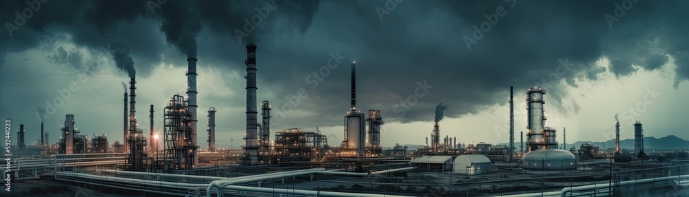 Petrochemical Plant and Pollution in the Cityscape. Generative AI.