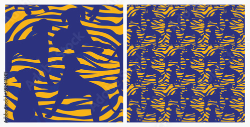 Dog silhouettes pattern fabric. Elegant, extravagant seamless background, abstract background with blue Dalmatian dog shapes. Present for Dog Lovers. Green and yellow zebra. Birthday wrapping.