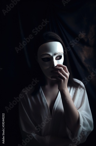 Mysterious Woman in Mask on Dark Background. Generative AI.