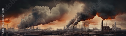 Black Smoke Billowing from Many Polluting Factories. Generative AI.