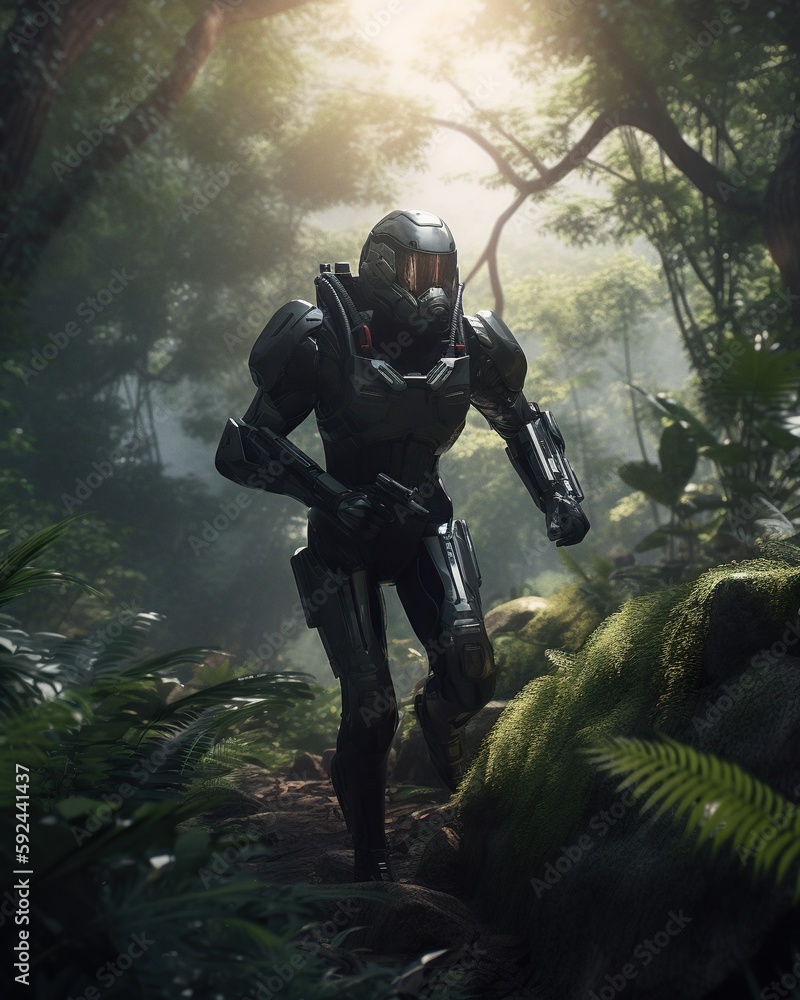 Futuristic Cyborg Warrior Running through Lush Forest. Generative AI.