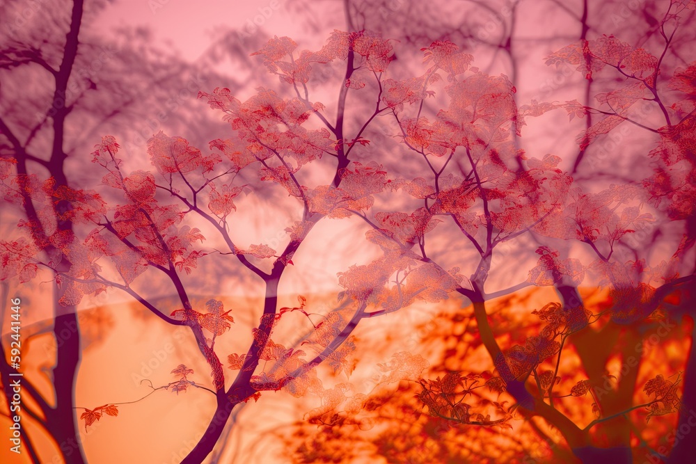 A Surrealistic Blend of Orange and Purple Trees with Sunlight on Dreamy Multiple Exposure Background. Generative AI.