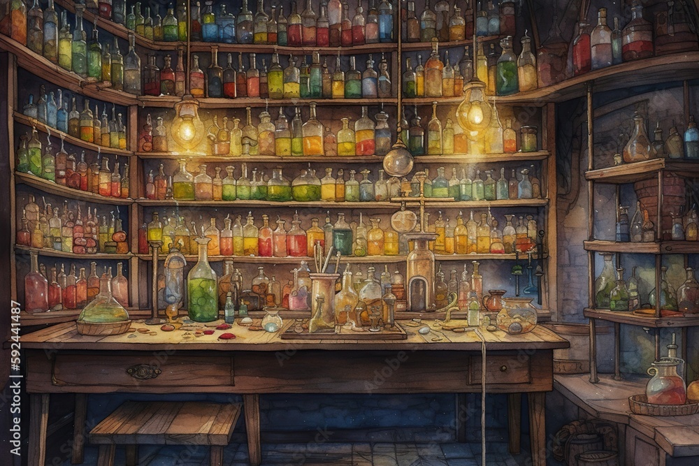 Vibrant Watercolor Alchemist's Lab with Magic Potions and Remedies. Generative AI.