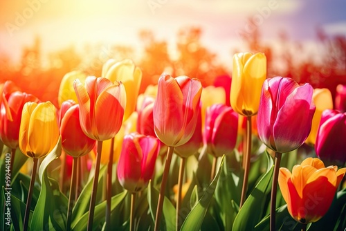 Vibrant Tulips Basking in the Sun: Desktop Wallpaper. Generative AI.