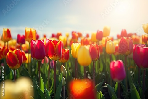 Vibrant Tulips Basking in the Sun  Desktop Wallpaper. Generative AI.