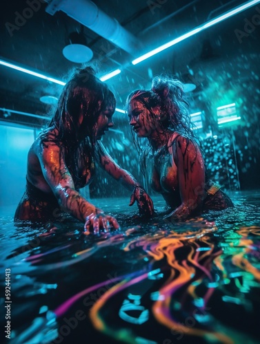 Psychedelic Neon Rave: Two Females Dancing Flirtatiously in a Colorful Liquid Pool. Generative AI.