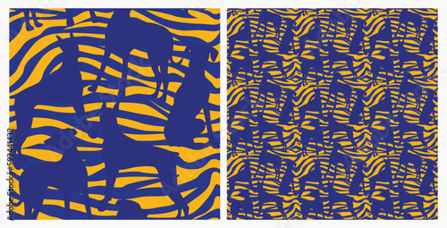 Dog silhouettes pattern fabric. Elegant, extravagant seamless background, abstract background with blue Doberman dog shapes. Present for Dog Lovers. Green and yellow zebra. Birthday wrapping. Ethnic