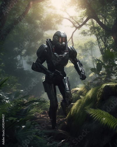 Futuristic Cyborg Warrior Running through Lush Forest. Generative AI.