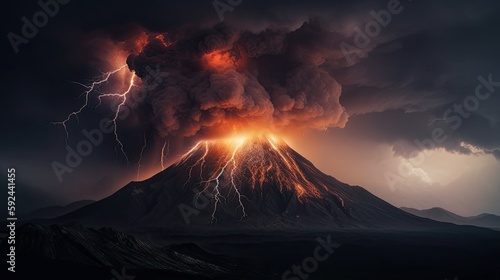 Volcano Eruption and Dramatic Lightning Strikes Through Black Smoke. Generative AI.