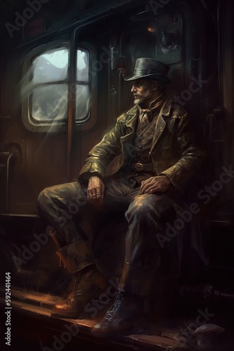 Relaxed Cowboy Sitting in Rustic Boxcar. Generative AI.