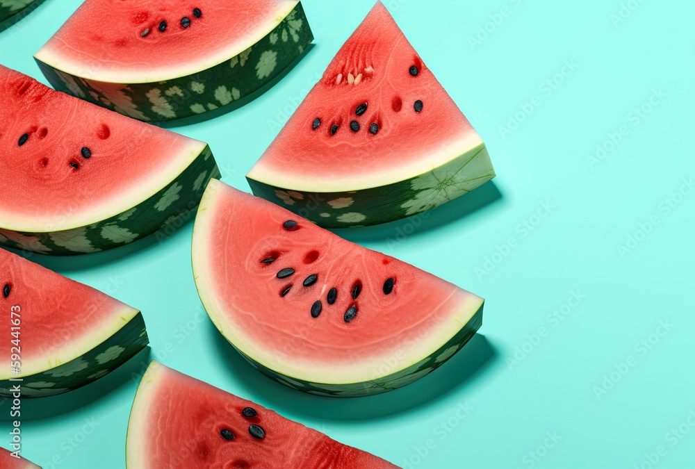 Slices of Summer: Refreshing Sliced Watermelon on Light Blue Background. Generative AI. Slices of Summer: Refreshing Sliced Watermelon on Light Blue Background. Generative AI.