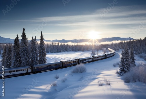 Winter Train Ride Through Untouched Landscape: Romantic Vistas and Environmental Awareness. Generative AI.