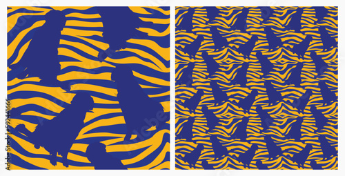 Dog silhouettes pattern fabric. Elegant, soft seamless background, abstract background with negative space Golden Retriever dog shapes for Dog Lovers. Blue and yellow zebra. Birthday present wrapping