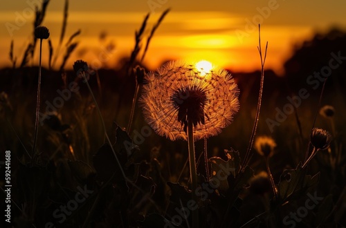 Dandelion Silhouette at Sunset. Generative AI.