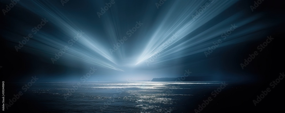 Blue God Rays Shining Down in Realistic Seascape Background Design. Generative AI.