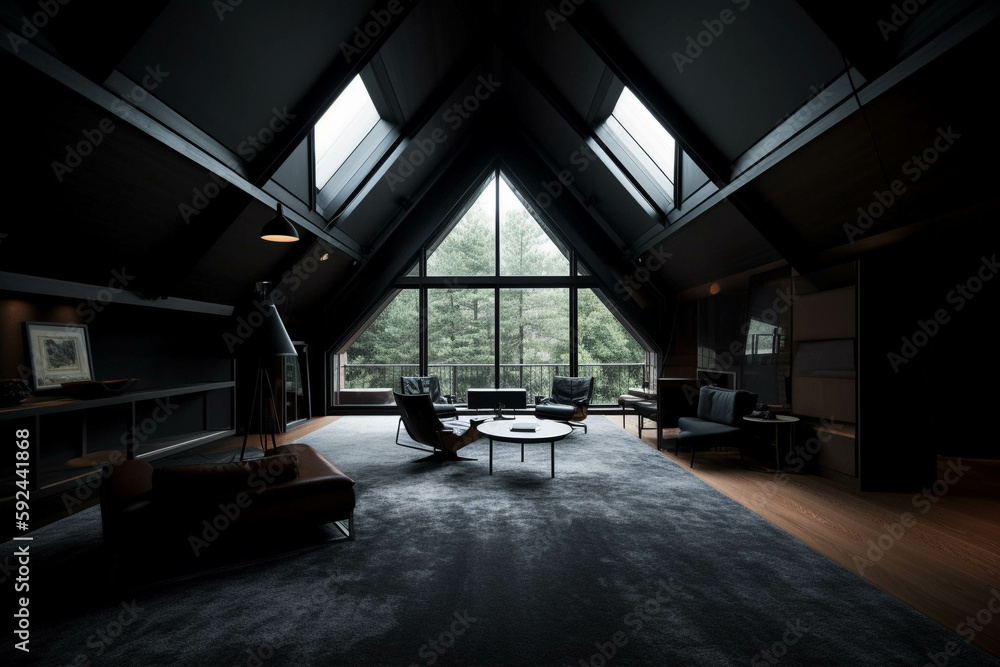 Minimalist Dinning room.Dark black color palette. Centered perspective. Interior Design