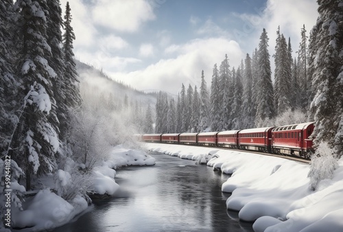 Winter Train Ride Along A Scenic River Landscape. Generative AI.