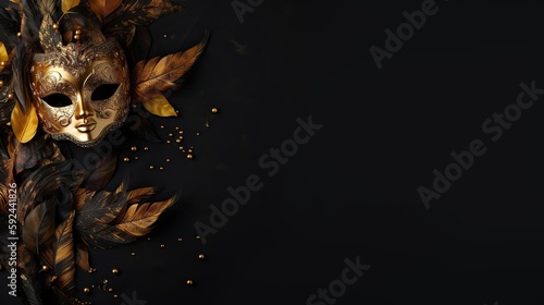 Fotografia Mardi Gras Venetian Mask with Golden Leaves and Flowers on Black Carnival Background