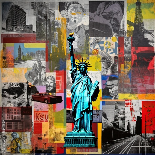 Pop Art Statue of Liberty on Colorful Collage Background. Generative AI.