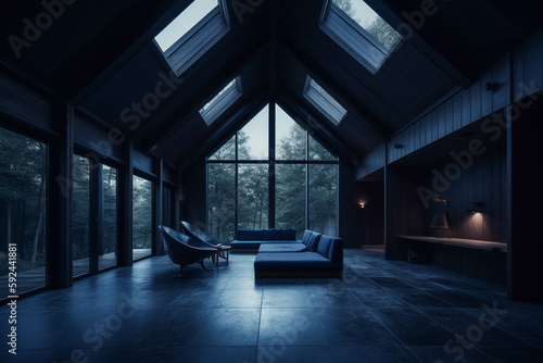 Minimalist Dinning room.Dark blue color palette. Centered perspective. Interior Design
