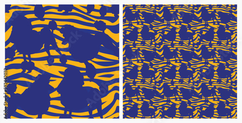 Dog silhouettes pattern fabric. Elegant, extravagant seamless background, abstract background with blue Poodle dog shapes. Present for Dog Lovers. Blue and yellow zebra. Birthday wrapping.Ethnic style