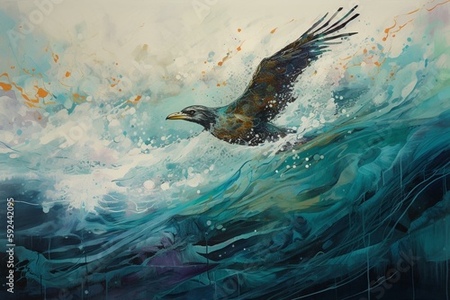 a painting of a bird flying over a large ocean wave. generative ai © Matej