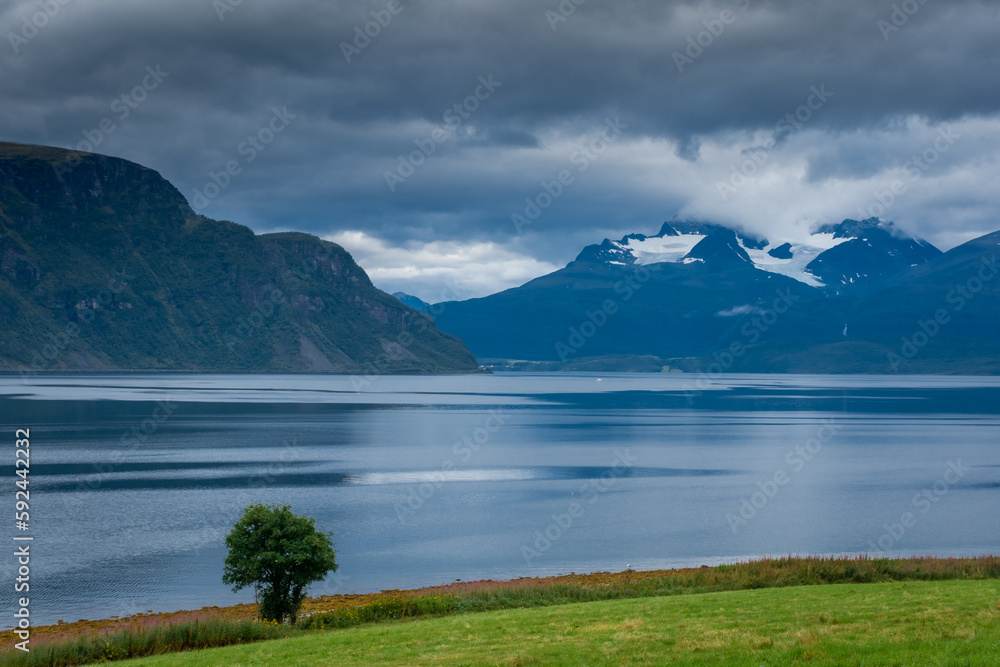 Cloudy sky over a fjord in  Norway
